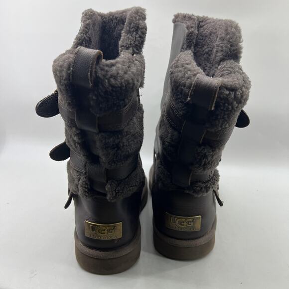 UGG Becket Boots Women Size 7 Brown Shearling Buckle Mid Calf Winter Strap Shoes - Picture 4 of 10